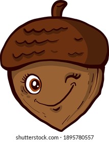 Winking acorn, illustration, vector on a white background.
