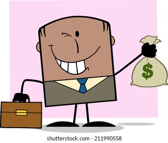 Winking African American Businessman Holding A Money Bag Cartoon Character On Background