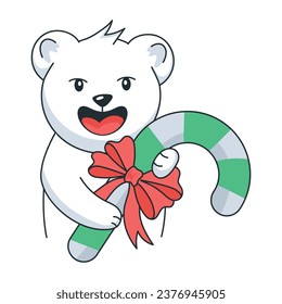 Winking bear with christmas cane, handy flat sticker
