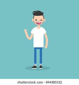 Winking bearded guy sticking out tongue. Emotional cartoon character / editable flat vector illustration