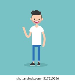 Winking bearded guy sticking out tongue. Emotional cartoon character / editable flat vector illustration