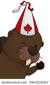 Winking beaver with party hat decorated with maple leaf and colors of Canada in cartoon style.