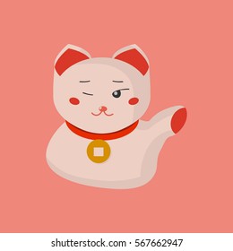 Winking Beckoning Cat. Lucky Cat with winking eye. Maneki-neko. Lucky cat cartoon  face.