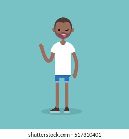 Winking black man sticking out tongue. Emotional cartoon character / editable flat vector illustration