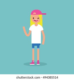 Winking blond girl sticking out tongue. Emotional cartoon character / editable flat vector illustration