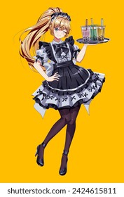 Camarera rubia guiñando del personaje del vector del color del café de criada. Mujer de anime coqueteando sostiene la bandeja con té boba sobre fondo amarillo. Estilo japonés