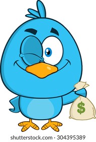 Winking Blue Bird Cartoon Character Holding A Bag Of Money. Vector Illustration Isolated On White