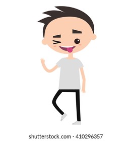 Winking boy emotional cartoon character / editable vector illustration