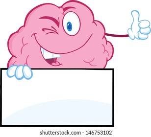 Winking Brain Character Holding A Thumb Up Over Sign