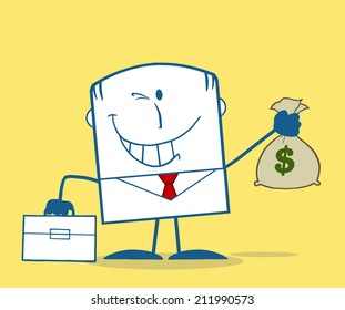 Winking Businessman Holding A Money Bag Monochrome Cartoon Character On Yellow Background