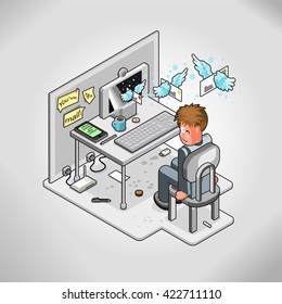 Winking businessman receives emails in his office when winged letter fly out of his computer (isometric illustration)