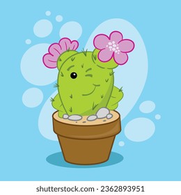 Winking cartoon cactus in a pot with pink flowers on a blue background . Flat vector illustration