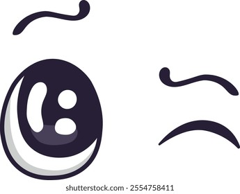 Winking cartoon eye with a raised eyebrow, radiating happiness and amusement, creates a playful expression. Simple vector illustration set against a white background adds charm and cheerfulness