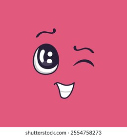 Winking cartoon face radiating a playful smile and raised eyebrow, effortlessly conveying mischief and fun, all set against a vibrant pink backdrop full of energy