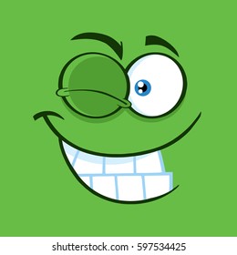 Winking Cartoon Funny Face With Smiling Expression. Vector Illustration With Green Background