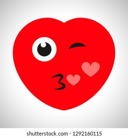 Winking cartoon heart with a kiss and hearts. Symbol of Love. Vector illustration