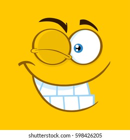 Winking Cartoon Square Emoticons With Smiling Expression. Vector Illustration With Yellow Background
