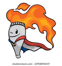 Winking character as flaming torch covered with French flag like cape. Design in cartoon style.