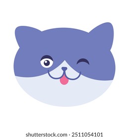 Smiley alegre de gatinho doméstico. O gato Tabby pisca o olho alegremente. Imagem para design de loja de animais ou clínica veterinária. Vetor plano simples isolado em fundo branco