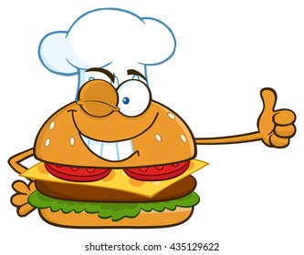 Carácter mascota de caricaturas Winking Chef Burger Mostrando Thumbs. Ilustración Del Vector Aislada En Fondo Blanco