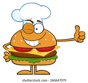 Winking Chef Hamburger Cartoon Character Showing Thumbs Up. Vector Illustration Isolated On White