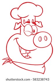 Winking Chef Pig Cartoon Mascot Character In Red Color. Vector Illustration Isolated On White Background