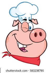 Winking Chef Pig Cartoon Mascot Character. Vector Illustration Isolated On White Background
