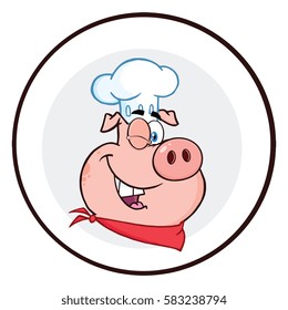 Winking Chef Pig Cartoon Mascot Character Circle Banner. Vector Illustration Isolated On White Background
