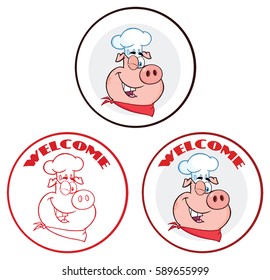 Winking Chef Pig Cartoon Mascot Character Circle Banner. Vector Collection Set Isolated On White Background