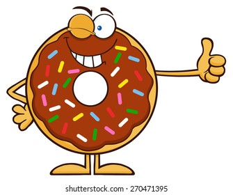 Winking Chocolate Donut Cartoon Character With Sprinkles Giving A Thumb Up. Vector Illustration Isolated On White