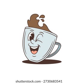 Um personagem de xícara de café piscando em um estilo clássico de desenho animado. Um mascote brincalhão com uma piscadela amigável e salpicos de bebida quente. Uma ilustração vetorial divertida e isolada, perfeita para um design de logotipo de cafeteria