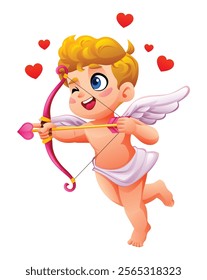 Winking cupid aiming a heart arrow surrounded by love hearts while flying. Vector cartoon illustration
