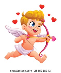 Winking cupid aiming a heart arrow surrounded by love hearts. Vector cartoon illustration