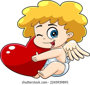 Winking Cupid Baby Cartoon Character Holding Heart. Vector Hand Drawn Illustration Isolated On Transparent Background