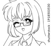 Winking cute anime girl wearing glasses. Icon portrait. Contour vector illustration. Black lines isolated on white.
