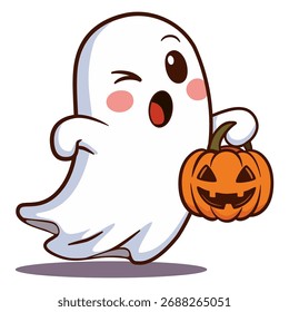 Um fantasma de desenho animado piscando, bonito com bochechas rosadas segurando um clássico balde de abóbora esculpido Jack-o'-lanterna para truque ou tratamento. Divertido personagem espírito Halloween isolado em branco.