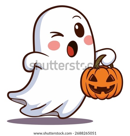 A winking, cute cartoon ghost with rosy cheeks holding a classic carved Jack-o'-lantern pumpkin bucket for trick or treating. Fun Halloween spirit character isolated on white.