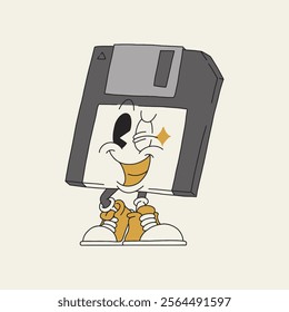 winking diskette retro cartoon mascot