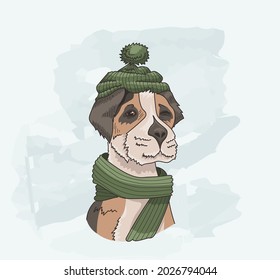 Winking dog wearing green hat and scarf. Autumn or winter look. Cheerfull happy, pleasant and funny. Cartoon style with watercolor background.