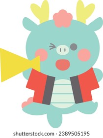 A winking dragon wearing a happi coat and holding a megaphone