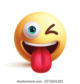 Winking emoji 3d clipart character. Wink emoji face, naughty, silly, crazy, happy, cute, funny and playful facial expression. Vector illustration winking emoticon clip art. 
