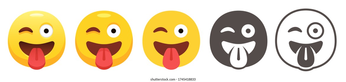 Winking emoji with tongue. Crazy yellow face with zany wink, sticking tongue out, right eye closed and left wide open. Funny emoticon flat vector icon set