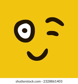 Winking emoticon in doodle style yellow background. Vector Illustration