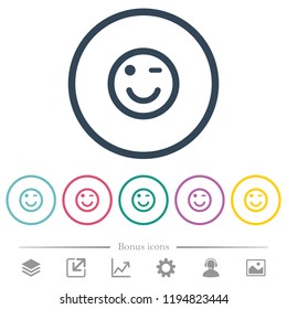 Winking emoticon flat color icons in round outlines. 6 bonus icons included.