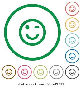 Winking emoticon flat color icons in round outlines