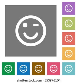 Winking emoticon flat icons on simple color square backgrounds