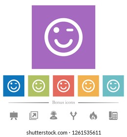 Winking emoticon flat white icons in square backgrounds. 6 bonus icons included.