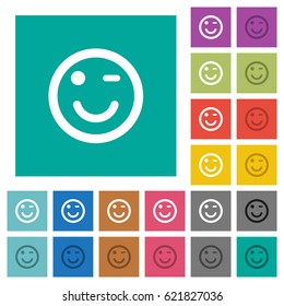 Winking emoticon multi colored flat icons on plain square backgrounds. Included white and darker icon variations for hover or active effects.