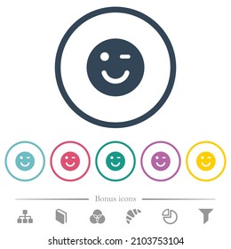 Winking emoticon solid flat color icons in round outlines. 6 bonus icons included.