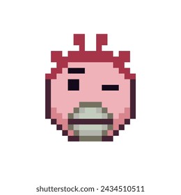 Winking Emoticon mit überraschtem Gesicht mit großen Lippen Pixel Art Icon. Comic-Figur. Flacher Stil. 8-Bit-Stil. Isolierte abstrakte Vektordarstellung.